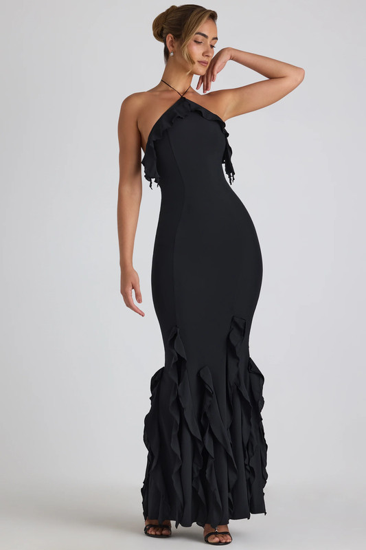 Ruffle-Trim Halterneck Gown in Black - UK Size:10